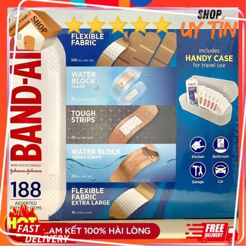 Băng cá nhân Band-Aid Brand - Hộp 188 miếng, băng dán chống thấm nước và vải linh hoạt cho gia đình, bảo vệ vết thương hiệu quả