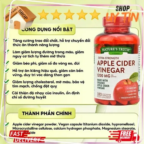Viên / Kẹo giảm cân giấm táo, mỡ thừa Apple Cider Vinegar 1200mg 180 viên