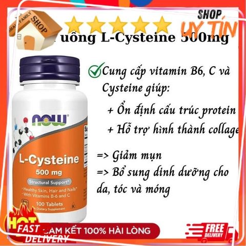 Viên Uống L-Cysteine Now 500mg Giảm Mụn, Dưỡng Da, Tóc, Móng - Hỗ Trợ Làm Đẹp từ Mỹ, 100 Viên