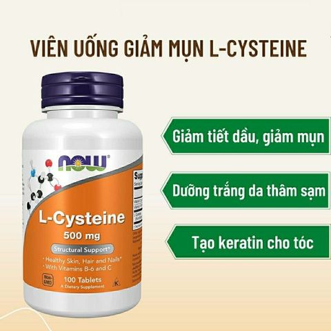 Viên Uống L-Cysteine Now 500mg Giảm Mụn, Dưỡng Da, Tóc, Móng - Hỗ Trợ Làm Đẹp từ Mỹ, 100 Viên
