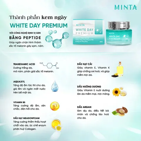 Kem Dưỡng Trắng Chống Nắng Minta White Day Premium 50g - Dưỡng Sáng Da, Ức Chế Melanin, Cấp Ẩm, SPF30+ Bảo Vệ UVA/UVB