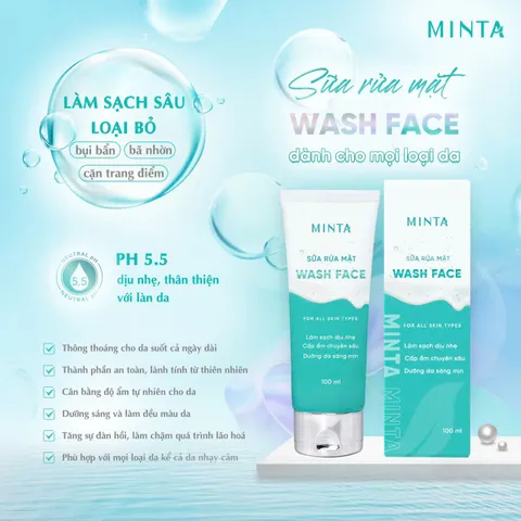 Sữa Rửa Mặt Minta Wash Face 100ml - Làm Sạch Dịu Nhẹ, Cấp Ẩm Chuyên Sâu, pH 5.5, Phù Hợp Mọi Loại Da, Dưỡng Da Tươi Sáng