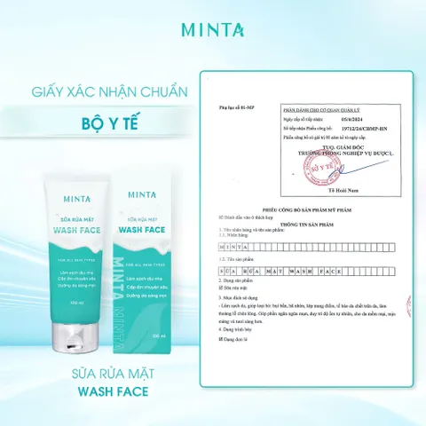 Sữa Rửa Mặt Minta Wash Face 100ml - Làm Sạch Dịu Nhẹ, Cấp Ẩm Chuyên Sâu, pH 5.5, Phù Hợp Mọi Loại Da, Dưỡng Da Tươi Sáng