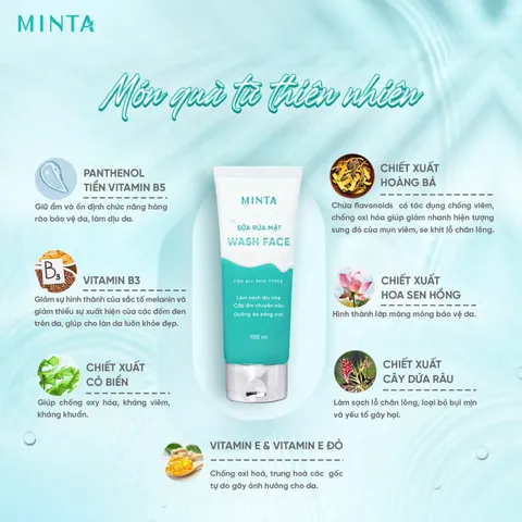 Sữa Rửa Mặt Minta Wash Face 100ml - Làm Sạch Dịu Nhẹ, Cấp Ẩm Chuyên Sâu, pH 5.5, Phù Hợp Mọi Loại Da, Dưỡng Da Tươi Sáng