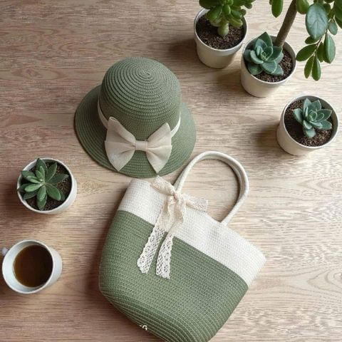 Set Túi Cói Xách Tay và Nón Cói Dáng Chuông Hồng - Phụ Kiện Đi Biển Nữ Sang Chảnh, Hè Mát Mẻ, Chụp Ảnh Sống Ảo