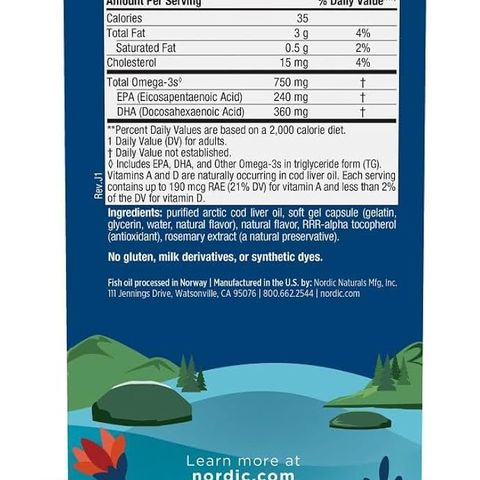Dầu Gan Cá Tuyết Bắc Cực Nordic Naturals - Viên Uống 180 Viên Hỗ Trợ Tim Mạch và Miễn Dịch, Vị Chanh Ngon