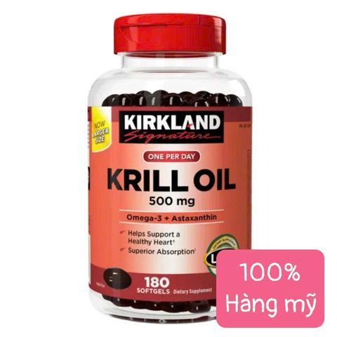 Viên uống Kirkland Signature Krill Oil 500mg - 180 viên Dầu nhuyễn thể Omega-3 và Astaxanthin hỗ trợ sức khỏe tim mạch và trí não