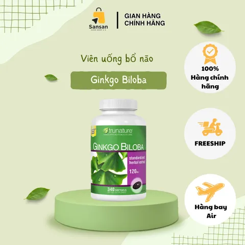 Viên Uống Bổ Não Ginkgo Biloba 120mg Trunature Mỹ - 340 Viên Tăng Cường Trí Nhớ, Giảm Căng Thẳng, Hỗ Trợ Sức Khỏe Não Bộ