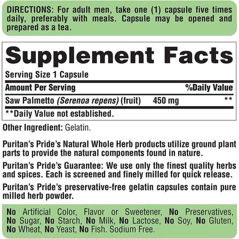 [Date 9/2028]Hỗ trợ đường tiết niệu và tuyến tiền liệt Saw Palmetto 450 mg Puritan’s Pride
