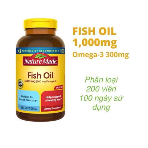 Dầu cá Nature Made Fish Oil 1000mg (300mg Omega-3) 200 viên hỗ trợ sáng mắt, tim mạch, huyết áp trí não