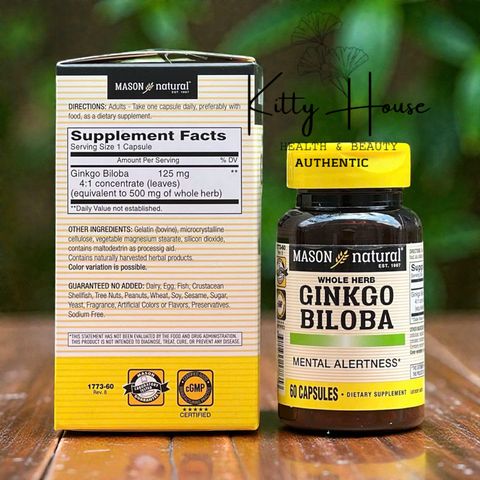Viên Uống Bổ Não Mason Natural Ginkgo Biloba 60 Viên - Hỗ Trợ Tăng Cường Trí Nhớ và Tuần Hoàn Máu Não