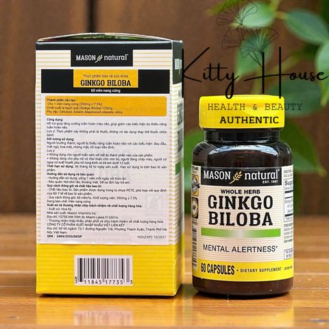 Viên Uống Bổ Não Mason Natural Ginkgo Biloba 60 Viên - Hỗ Trợ Tăng Cường Trí Nhớ và Tuần Hoàn Máu Não