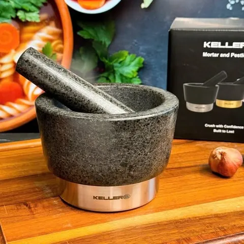 Cối Chày Granite Keller Pro - Dụng Cụ Nhà Bếp Sang Trọng, Chất Liệu Tự Nhiên, An Toàn, Thiết Kế Tinh Tế, Đen Bạc/Đen Đồng/Xám Bạc
