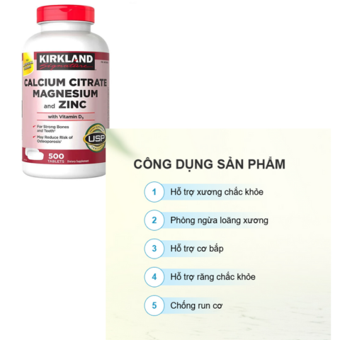 Viên uống Kirkland Calcium Citrate Magnesium Zinc 500 viên - Hỗ trợ xương và răng chắc khỏe, bổ sung canxi, magie, kẽm cho sức khỏe tốt nhất