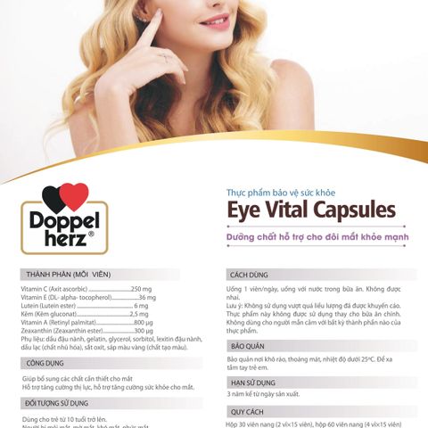 Viên Uống Hỗ Trợ Chống Mỏi Mắt Doppelherz Eye Vital - Tăng Cường Thị Lực, Bổ Sung Vitamin A, C, E, Hộp 30 Viên