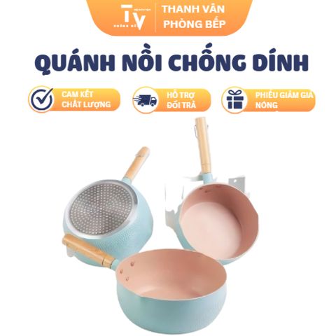 Quánh Nồi Chống Dính Màu Pastel Có Tay Cầm Gỗ - Dụng Cụ Nhà Bếp Đa Năng Cao Cấp TVKITCHEN 25x22cm (TV144)