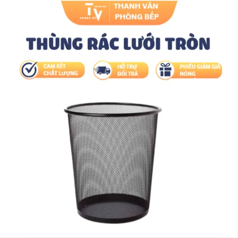 Thùng Rác Lưới Tròn Văn Phòng - Thiết Kế Hiện Đại, Chất Liệu Thép Sơn Tĩnh Điện, Màu Đen, Kích Thước Ø27 x Ø22 x 28.5 cm (TV1398)