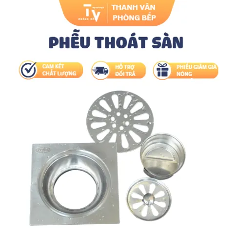 Phễu Thoát Sàn Inox Cao Cấp Chống Mùi Hôi & Côn Trùng - Kích Thước 150x150mm, Đường Kính Ống Xả 90cm - Sản Phẩm Nhà Bếp TVKITCHEN (TV1226)