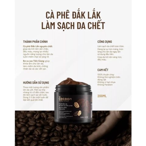 Tẩy Da Chết Body Cà Phê Đăk Lắk CooCoon - Sản Phẩm Chăm Sóc Da Thiên Nhiên 200g, Giúp Da Mềm Mịn và Sáng Màu