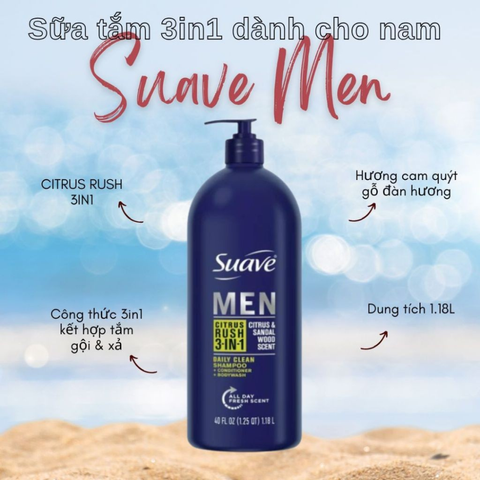 Sữa Tắm Gội Xả Suave Men 3in1 1.18L - Gel Tắm Gội Cho Nam, Sạch Da, Mượt Tóc, Hương Thơm Nam Tính Lâu Dài