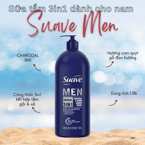 Sữa Tắm Gội Xả Suave Men 3in1 1.18L - Gel Tắm Gội Cho Nam, Sạch Da, Mượt Tóc, Hương Thơm Nam Tính Lâu Dài