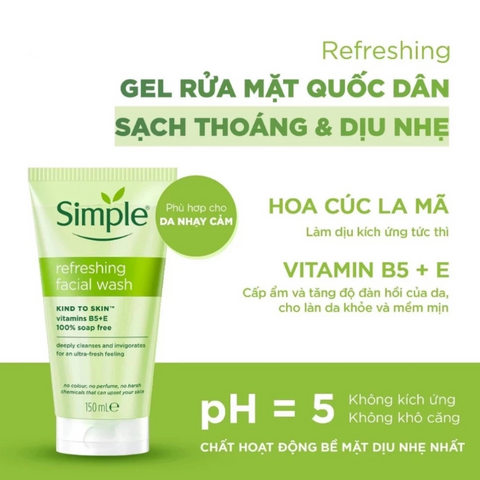 Sữa Rửa Mặt Simple 150ml - Làm Sạch Dịu Nhẹ, Cấp Ẩm, Không Cồn & Hương Liệu - Phù Hợp Da Nhạy Cảm, Dưỡng Ẩm, Sáng Khỏe