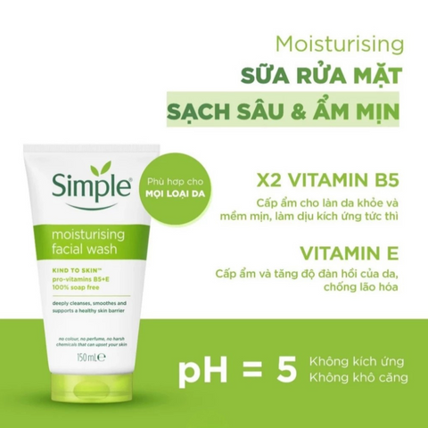 Sữa Rửa Mặt Simple 150ml - Làm Sạch Dịu Nhẹ, Cấp Ẩm, Không Cồn & Hương Liệu - Phù Hợp Da Nhạy Cảm, Dưỡng Ẩm, Sáng Khỏe