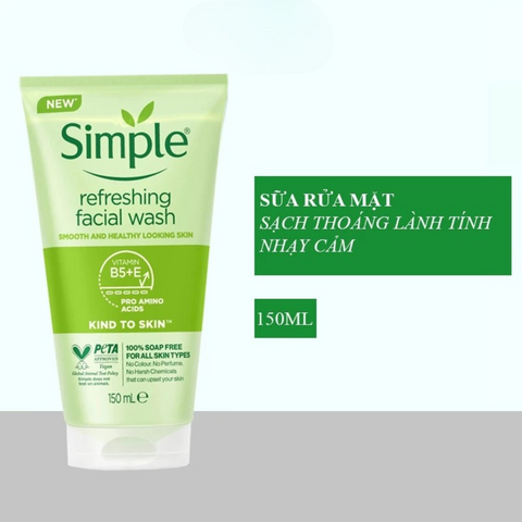 Sữa Rửa Mặt Simple 150ml - Làm Sạch Dịu Nhẹ, Cấp Ẩm Cho Da Nhạy Cảm, Không Cồn, Không Hương Liệu, Vitamin B5 & E