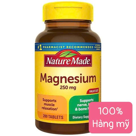 Viên uống Magnesium Nature Made 250mg 200 viên - Hỗ trợ thư giãn cơ, sức khỏe tim mạch, người hay mệt mỏi, người tập gym