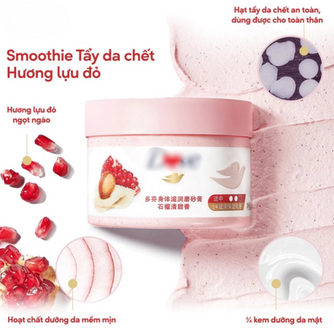 Kem Tẩy Da Chết Dove 225ml - Exfoliating Body Scrub, Giữ Ẩm, Dưỡng Trắng Da Mềm Mịn, Chiết Xuất Macca và Lựu Đỏ