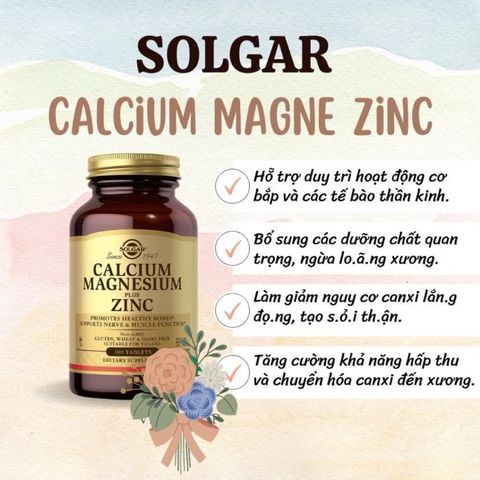 Viên Uống Canxi Magnesium Zinc Solgar Pháp 100 Viên - Hỗ Trợ Xương Khớp, Sức Khỏe Tối Ưu, Vegan Hữu Cơ, 1000mg