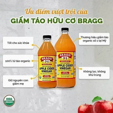 Giấm Táo Hữu Cơ Bragg Mỹ - Giấm Không Lọc, Chứng Nhận USDA, Chai Thủy Tinh 473ml - Lợi Ích Sức Khỏe Tự Nhiên