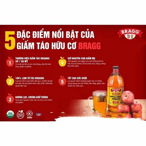 Giấm Táo Hữu Cơ Bragg Mỹ - Giấm Không Lọc, Chứng Nhận USDA, Chai Thủy Tinh 473ml - Lợi Ích Sức Khỏe Tự Nhiên