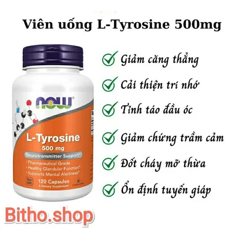 Viên uống L-Tyrosine Now 500mg - Hỗ trợ giảm căng thẳng, cải thiện trầm cảm, tăng cường trí nhớ - 120 viên từ Mỹ