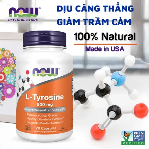 Viên uống L-Tyrosine Now 500mg - Hỗ trợ giảm căng thẳng, cải thiện trầm cảm, tăng cường trí nhớ - 120 viên từ Mỹ