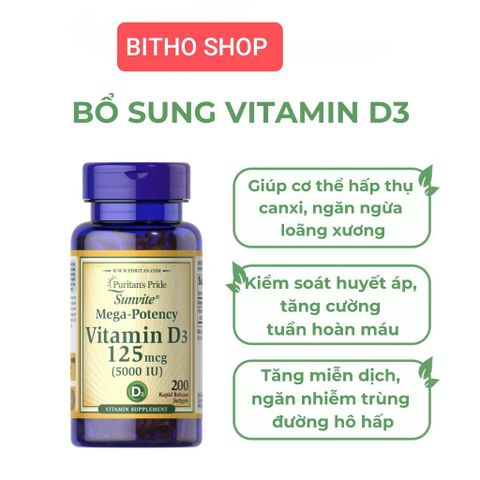 Viên Uống Bổ Sung Vitamin D3 25mg - 50mg Hỗ Trợ Miễn Dịch và Hấp Thu Canxi - Lọ 100 Viên Puritan's Pride