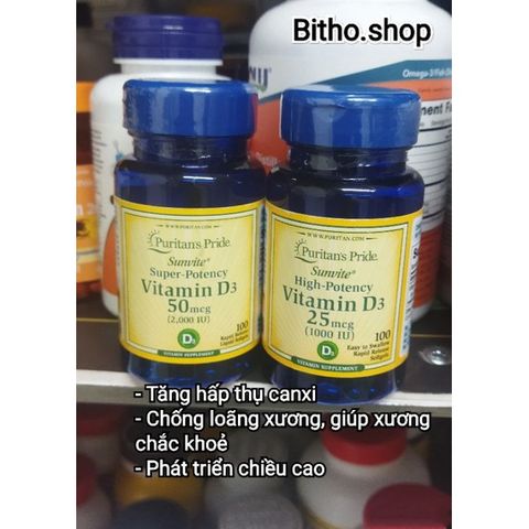 Viên Uống Bổ Sung Vitamin D3 25mg - 50mg Hỗ Trợ Miễn Dịch và Hấp Thu Canxi - Lọ 100 Viên Puritan's Pride