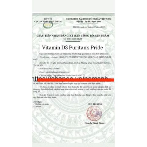 Viên Uống Bổ Sung Vitamin D3 25mg - 50mg Hỗ Trợ Miễn Dịch và Hấp Thu Canxi - Lọ 100 Viên Puritan's Pride