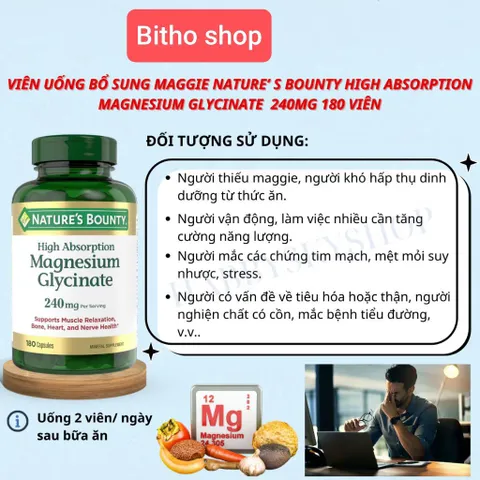 [Date 2028] Viên Uống Magiê Hỗ Trợ Xương Cơ , Hệ Thần Kinh Magnesium Glycinate 240mg Nature's Bounty 180 viên
