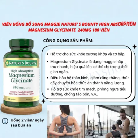 [Date 2028] Viên Uống Magiê Hỗ Trợ Xương Cơ , Hệ Thần Kinh Magnesium Glycinate 240mg Nature's Bounty 180 viên