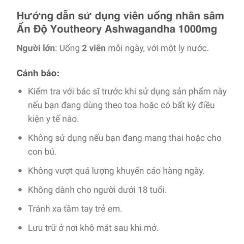 Viên uống Nhân sâm Ấn Độ Ashwagandha Youtheory 1000mg - Giảm căng thẳng, cải thiện sức khỏe tổng thể - 180 viên từ Mỹ