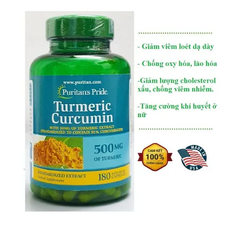 Viên Uống Tinh Bột Nghệ Puritan's Pride 500mg - Hỗ Trợ Tiêu Hóa, Làm Đẹp Da Và Ngăn Ngừa Lão Hóa, 180 Viên