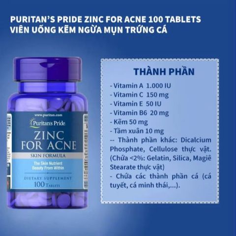 Viên Uống Kẽm Giảm Mụn Puritan's Pride 100 Viên - Hỗ Trợ Làm Đẹp Da, Se Khít Lỗ Chân Lông, Chống Lão Hóa, Cải Thiện Viêm Sưng
