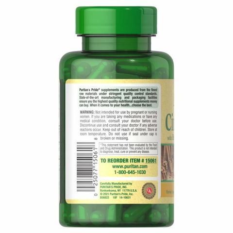 Viên uống hỗ trợ tiểu đường Puritan's Pride Cinnamon - Giảm đường huyết tự nhiên, tăng cường chức năng insulin