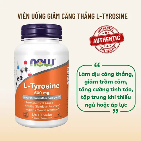 Viên uống L-Tyrosine Now 750mg - Tăng cường trí nhớ, giảm stress, hỗ trợ tuyến giáp - 120 viên bổ sung năng lượng và tinh thần tỉnh táo