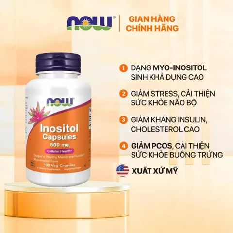 Viên Bổ Sung Inositol Now - Hỗ Trợ Giảm Căng Thẳng, Cải Thiện Nhạy Insulin, Giảm Triệu Chứng PCOS - 500mg Myo-Inositol
