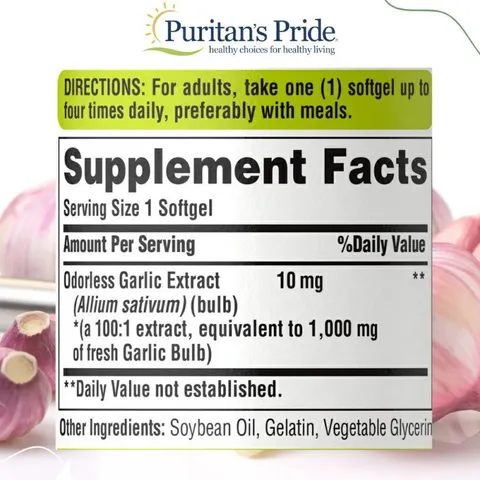 Viên uống tinh dầu tỏi Odorless Garlic Extract 1000mg 100 viên Puritan's Pride - Hỗ trợ sức khỏe tim mạch và tiêu hóa, giảm cholesterol