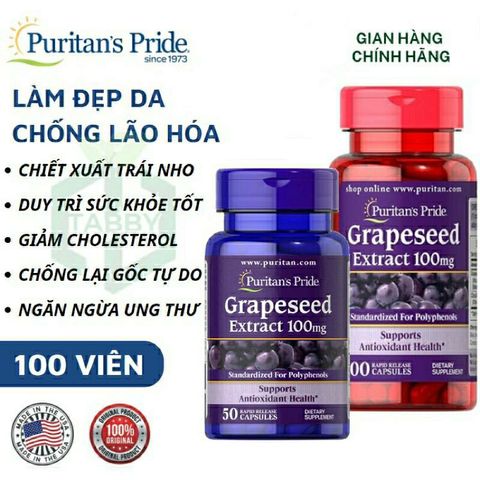 Viên uống chiết xuất hạt nho 100mg - Chống lão hoá da, tăng cường sức khỏe tim mạch, chống oxy hóa mạnh mẽ