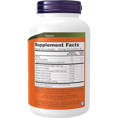 Viên Ngậm Hỗ Trợ Tiêu Hóa Now Papaya Enzymes - Hương Bạc Hà Sảng Khoái, Giải Quyết Đầy Hơi, Khó Tiêu, Vegan