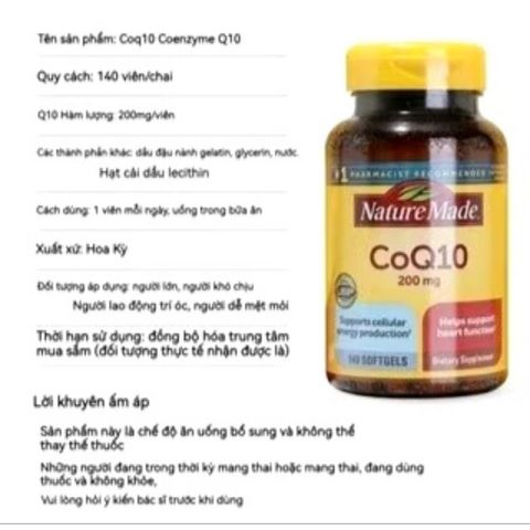 Viên uống bổ tim mạch CoQ10 Nature Made 200mg - Hỗ trợ tim khỏe mạnh, tăng cường trí nhớ, phòng ngừa bệnh tim và ung thư.